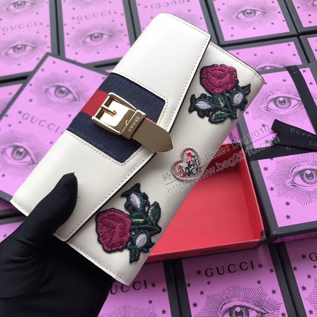 Gucci錢包 古馳新款Sylvie長夾翻蓋皮夾 Gucci女款短錢包 476081黑色全皮  gdj1097